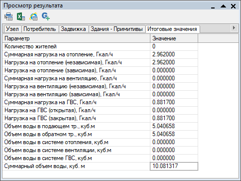 Окно результатов расчета