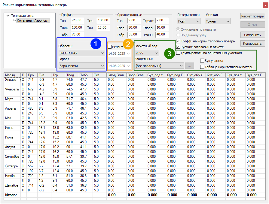 Окно расчета годовых нормативных тепловых потерь