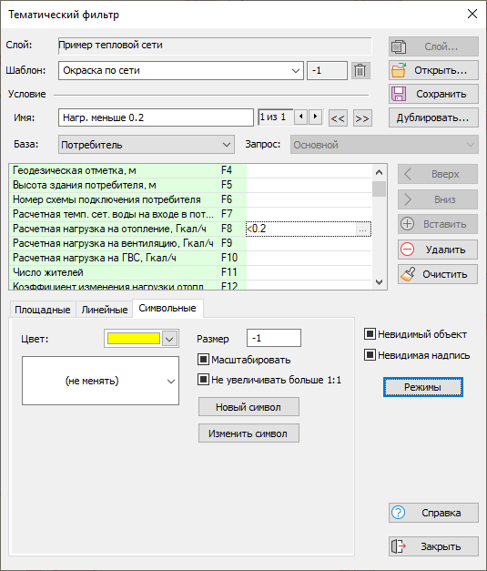 Окно тематического фильтра для типового символьного объекта